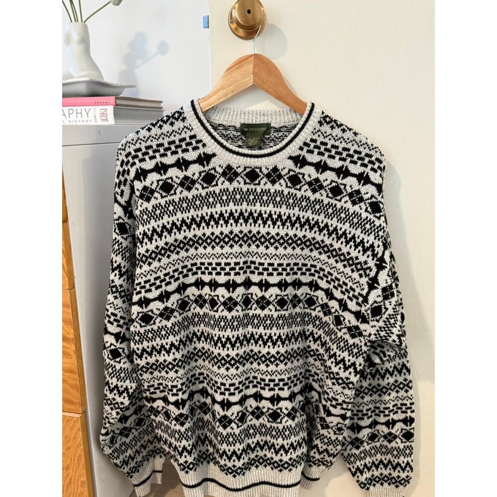 Vintage‎ Dockers Fair Isle Sweater 🤍 Black Cream Nordic Knit Grandpa Cozy